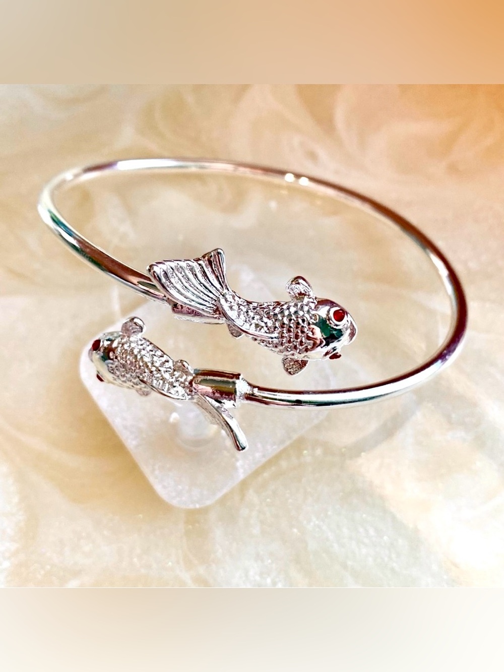 Silver Koi Fish Bangle Bracelet - Elegant Fish Accent Jewelry